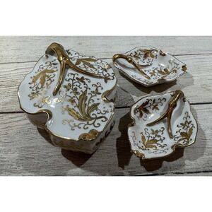 Vintage Lenwile ARDALT Gold Leaf Porcelain Lidded Trinket Dish & 2 Trays RETRO